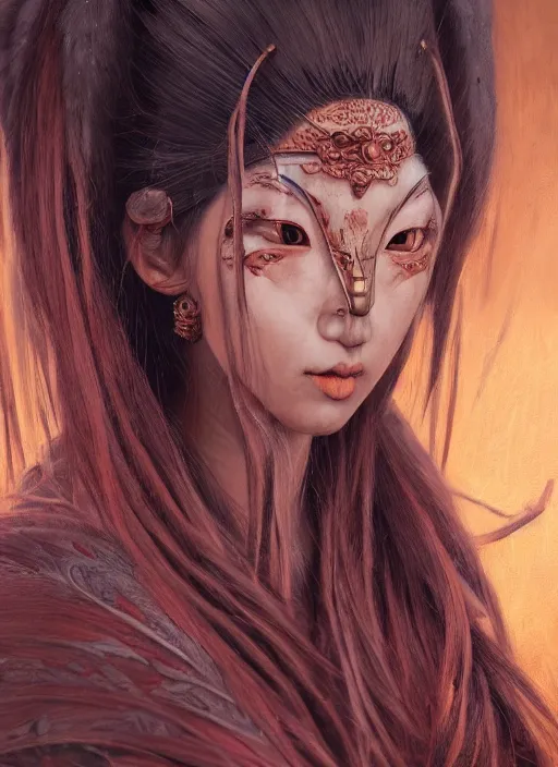 Prompt: a beautiful detailed oil on copper art illustration of a japanese tengu mask woman, centered, by charlie bowater, zeng fanzh, trending on artstation, dim dusk lighting, cinematic lighting, detailed lighting, volumetric lighting, realistic, f 8, 4 k hd wallpaper
