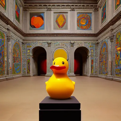 Image similar to wide shot, one photorealistic rubber duck in foreground on a pedestal in an cavernous museum gallery, metropolitan museum of art, the walls are covered with colorful geometric wall paintings in the style of sol lewitt, tall arched stone doorways, through the doorways are more wall paintings in the style of sol lewitt.