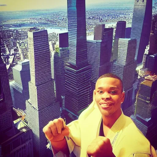 Image similar to “ corey in the house doing karate at the top of the world trade center ”