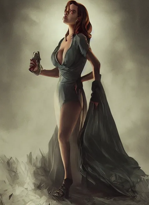 Prompt: lana del rey as a heroine with a dress inspired by american horror story, holding her chest, large bosum, digital painting, artstation, concept art, smooth, sharp focus, illustration, in - frame, centered, art by artgerm and donato giancola and joseph christian leyendecker, ross tran, wlop