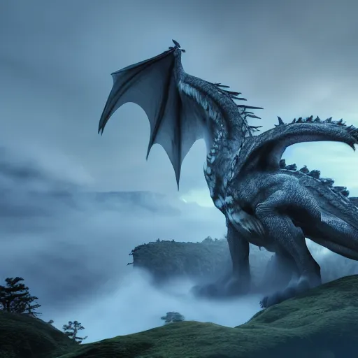 Prompt: giant majestic epic dragon on a mountain between the clouds, epic, volumetric light, volumetric fog, extreme details, 8 k, realistic