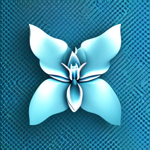 Image similar to isometric perspective icon of a cattleya orchid in monochromatic light blue reflective metallic iridescent material, 3 d render on dark background