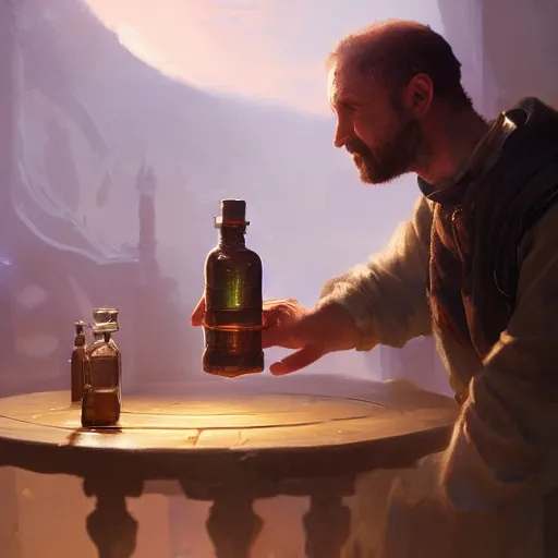 Prompt: An Alchemist inspecting a potion in his hand by Greg Rutkowski, 4k photorealistic, volumetric lighting, HD, high details, dramatic, trending on artstation