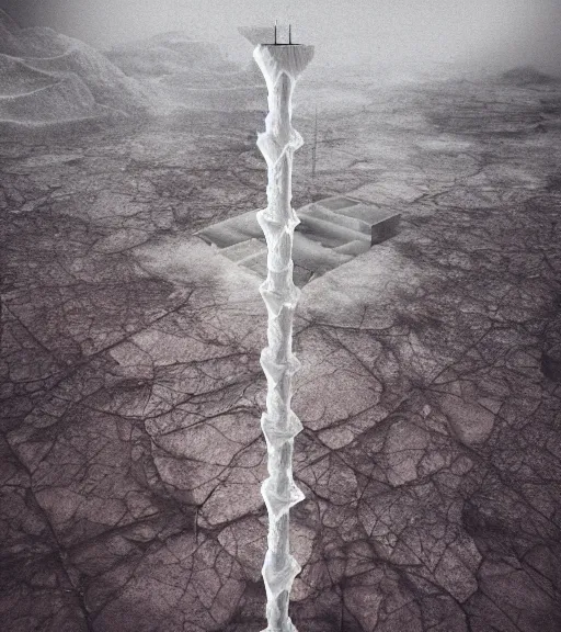 Image similar to surreal tower made of white crystalized aerial iridecent veins, inverted white roots in the floor, in the desert, foggy sky, dark night, octane render, unreal engine, pale colors, high detail, 8 k, wide angle, trending on artstation, behance