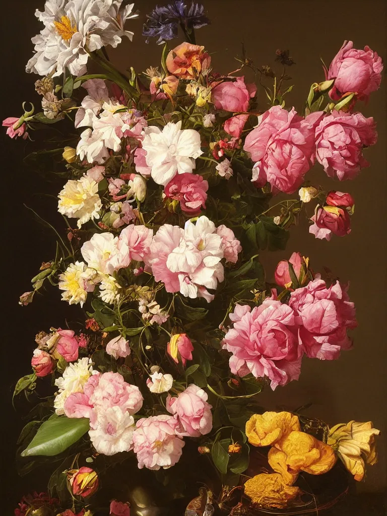 Image similar to highly detailed, hyper realistic, still life with flowers, Dutch painting, old masters, iris, lillies, leaves, roses, peonies, marigold, roses, cherry blossoms, apple blossoms, in the style of Rachel Ruysch