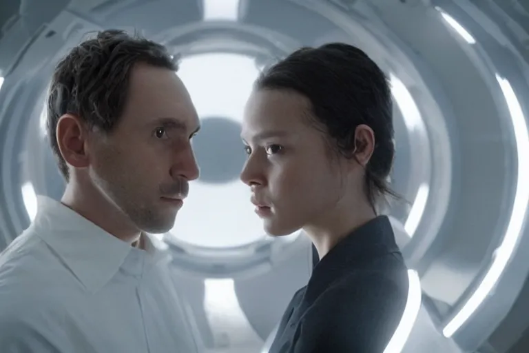 Image similar to movie closeup polar opposites, couple, researchers in a futuristic weapons lab, beautiful skin, Symmetrical faces. Beautiful lighting by Emmanuel Lubezki