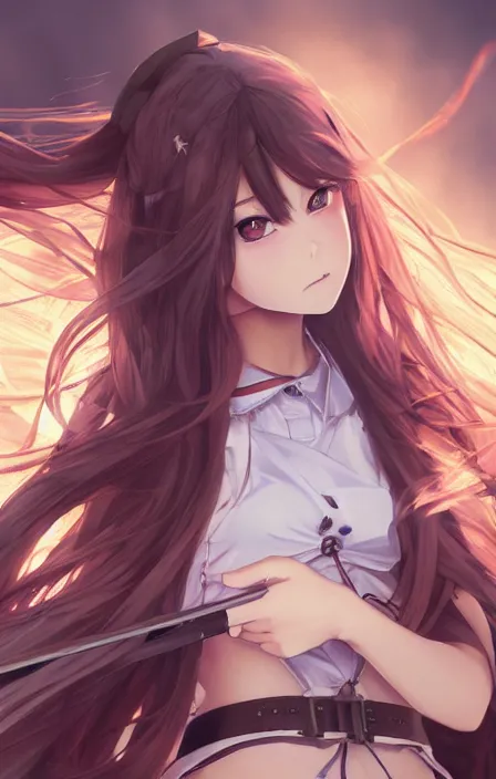 Image similar to infantry girl, anime style, long hair, hair down, symmetrical facial features, from girls frontline, hyper realistic, pale skin, 4 k, rule of thirds, extreme detail, detailed drawing, trending artstation, hd, smoke explosion, trading card, by alphonse mucha, greg rutkowski, sharp focus, backlit