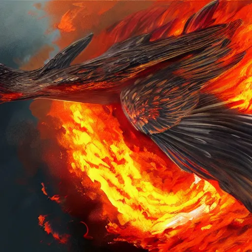 Prompt: Painting of a flying huge bird on fire trailing smoke from its wings, artstation, detailed