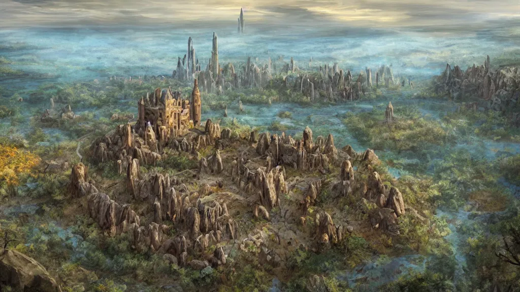 Prompt: a big meteor crater in the middle of a perennial forest, barren ruins of an old fantasy castle around the crater, a populous medieval rich fantasy city castle built inside the crater, digital fantasy art, bird's-eye view, tall mountains in the horizon, 8k, in the style of Noah Bradley