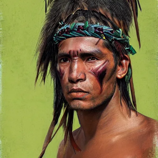 Image similar to a male tupi guarani warrior portrait, tropical plants covering the top part of his face, art by marco mazzoni, dark background, asymmetrical