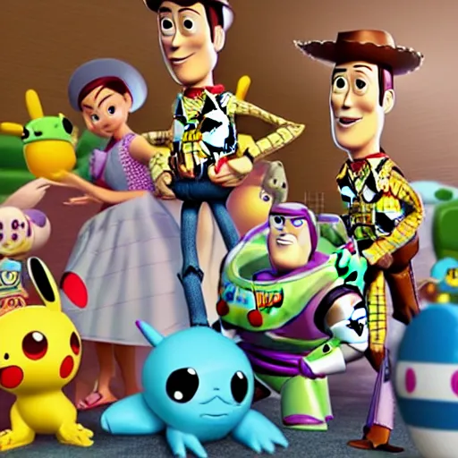 Image similar to toy story characters as pokemon, high resolution 3d render