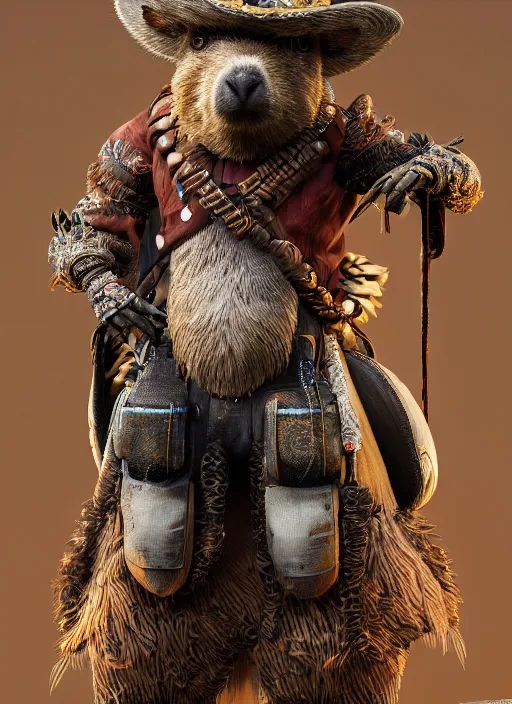 Image similar to detailed full body concept art illustration 35mm photography of an anthropomorphic capybara cowboy in full intricate clothing, biomutant, ultra detailed, digital art, octane render, 4K