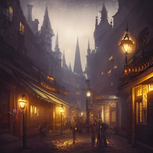 Prompt: fantasy steampunk victorian city street, with people walking on the streets, at night, 4k, concept art