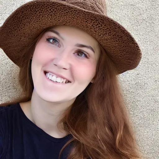 Prompt: portrait of 2 2 - year - old woman with angle looking away, happy women, brown hat, hair comes out of the hat a little