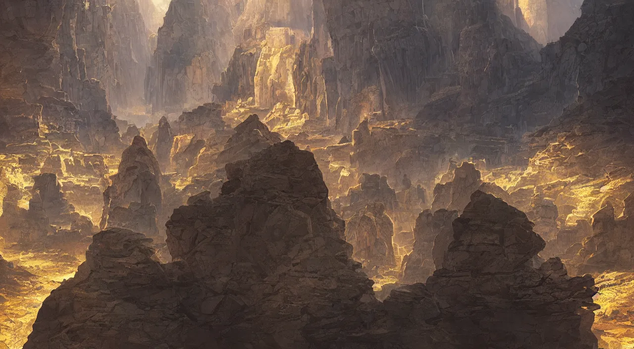 Image similar to ancient geological megastructural pyramid in canyon, tectonic parametrics by syd mead by albert bierstadt, photorealistic, zaha hadid, god rays, volumetric lighting, detailed, extremely intricate, raytrace, octane, light fog, neon