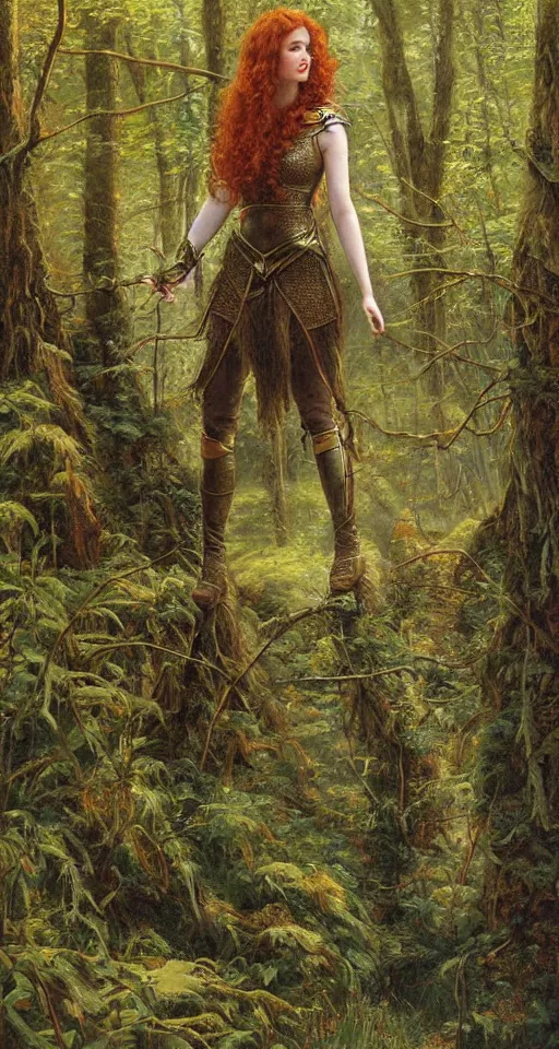 Prompt: Detailed painting of a curly redhead anne hathaway wearing elven armor in a forest landscape by Ted Nasmith