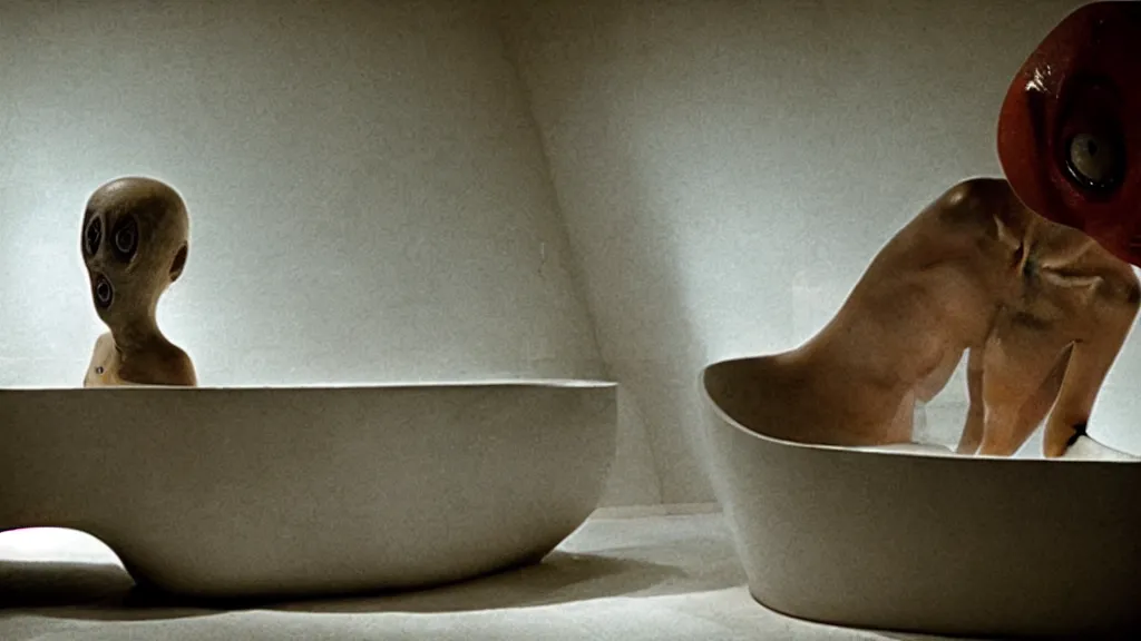 Image similar to the strange creature in a bathtub, film still from the movie directed by Denis Villeneuve with art direction by Salvador Dalí, wide lens