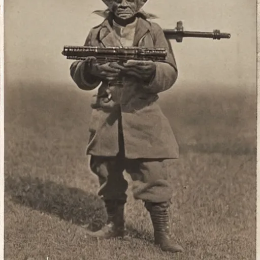 Image similar to old wartime photograph of yoda from star wards holding a lewis gun, grainy photo, sepia tone 1 9 1 7