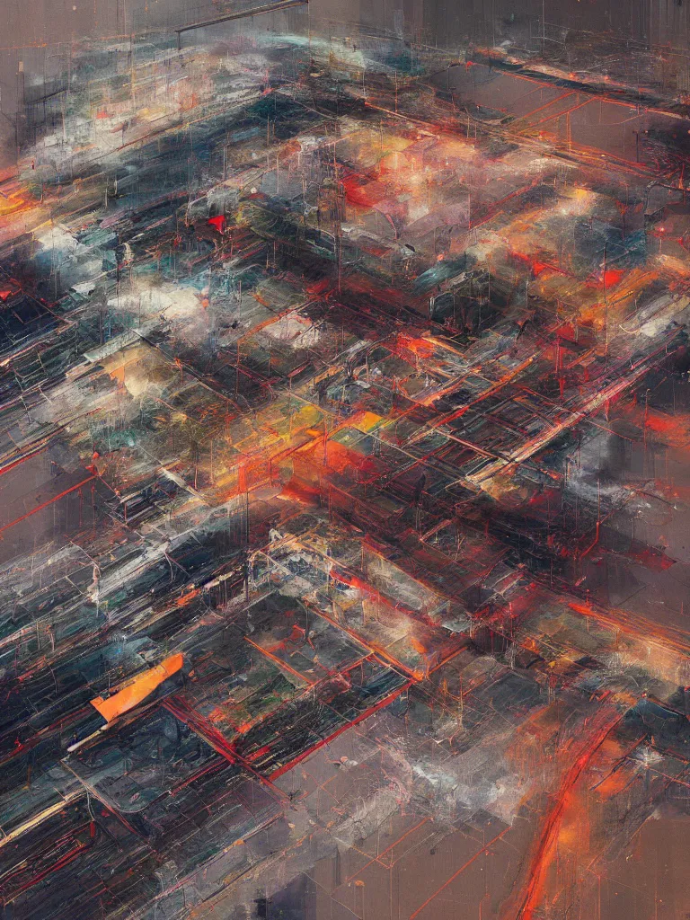 Image similar to a beautiful abstract painting by peter vahlefeld of a sky view of a complex glitched highway intersection, color bleeding, pixel sorting, plaster and metal materials, brushstrokes by jeremy mann