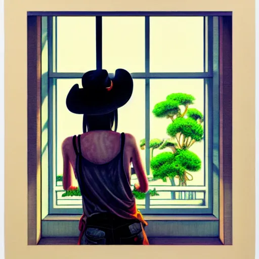 Image similar to full view, from a distance, of taiwanese girl with tattoos, wearing a cowboy hat, standing at the window, style of yoshii chie and hikari shimoda and martine johanna and edward hopper, highly detailed