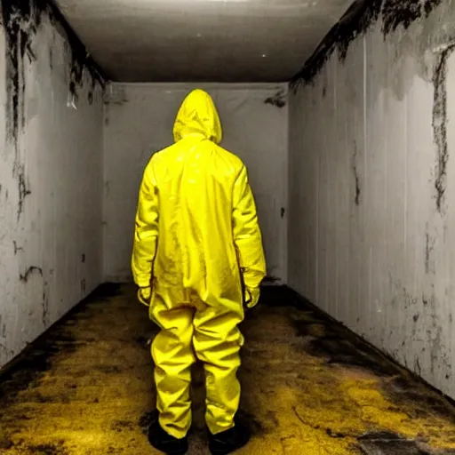 Image similar to a man wearing a yellow hazmat suit inside the very dark empty unsettling creepy backrooms, liminal space, flickering fluorescent lights, eerie mood