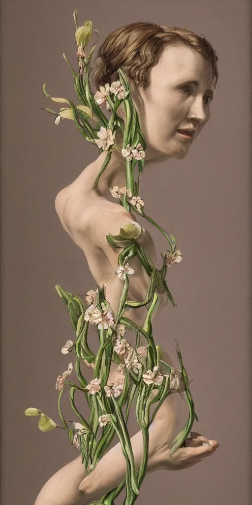 Image similar to the figure of a woman with many heads growing from the stem of a flowering plant, highly detailed, hyperrealism