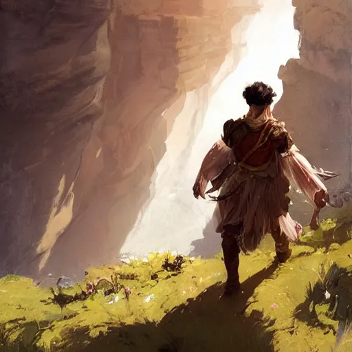 Image similar to oil art of young roma mage adventurer climbing down a cliffside in style of disco elysium character, gipsy jester character design from ravenloft, art by anders zorn, wonderful masterpiece by greg rutkowski, beautiful cinematic light, american romanticism by greg manchess, jessica rossier