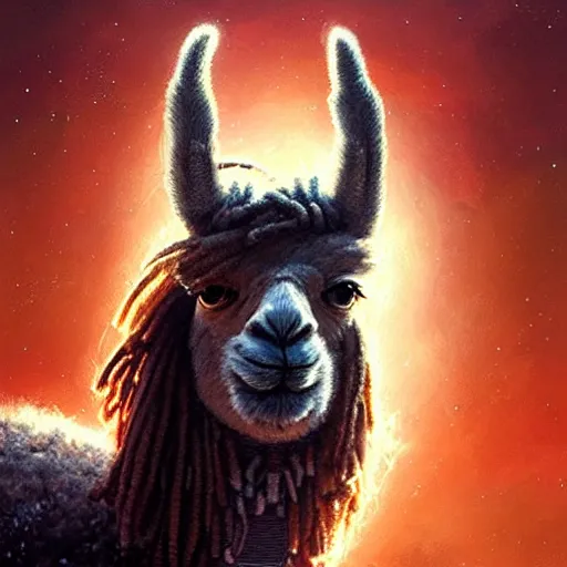 Prompt: detailed space portrait of a llama with dreadlocks, realistic creature concept, heroic pose, ultra realistic, ultra detailed, art by greg rutkowski