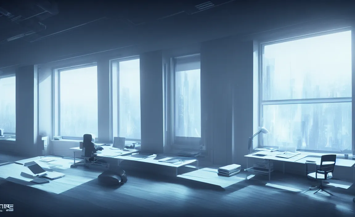 Prompt: venue, white bed, desk, computer, warm light, floor to ceiling window, the night scene outside the window. future science fiction. game cg, hyperdetailed, trending on cgsociety