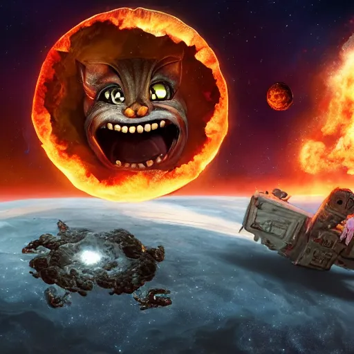 Image similar to one eldritch horror bloody garfield in space, galaxy, hd, 8 k, explosions, gunfire, lasers, giant, epic, realistic photo, unreal engine, stars, prophecy, powerful, cinematic lighting, destroyed planet, debris, movie poster, violent, sinister, ray tracing, dynamic, print, epic composition, dark, horrific, teeth