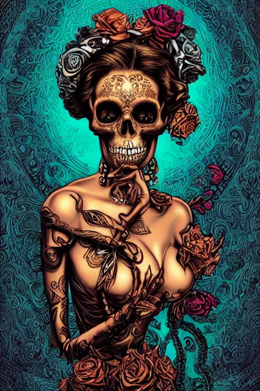 Image similar to a beautiful fancy skull lady by dan mumford and gil elvgren