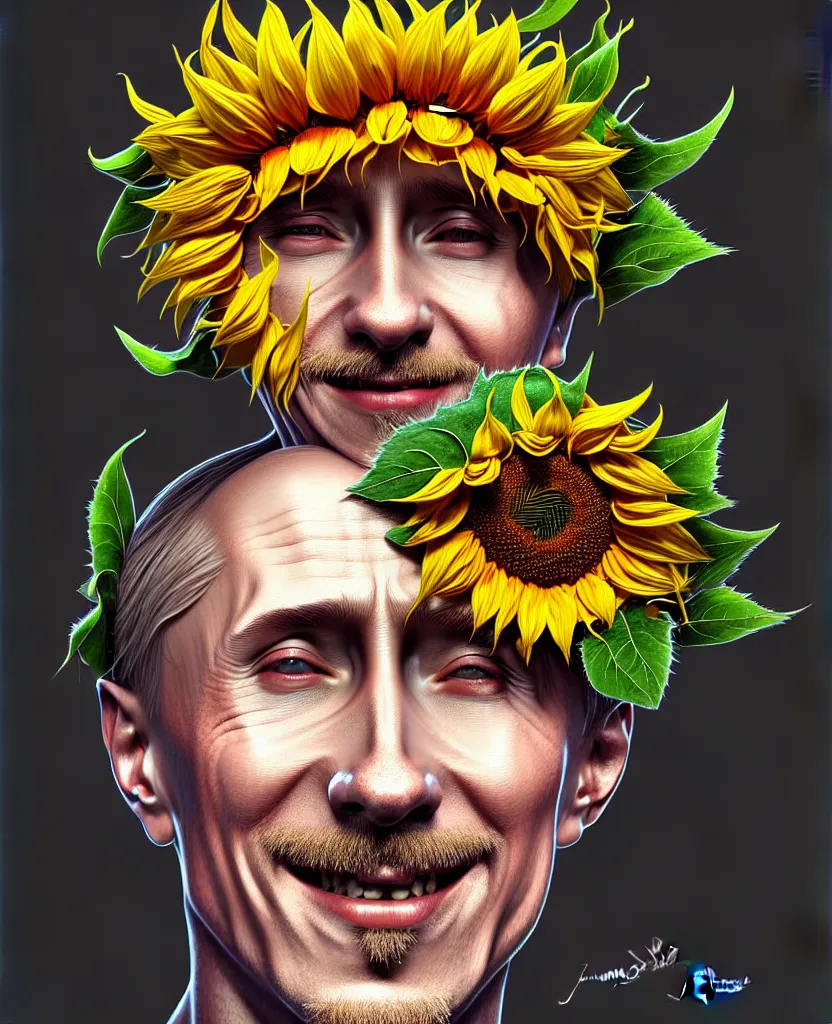 Image similar to digital art, centered full body of young any old Putin smiling king, Sunflower crown, ,intricate, veins, by James Jean and by artgerm , by ross tran ultradetailed, charachter design, concept art, trending on artstation,