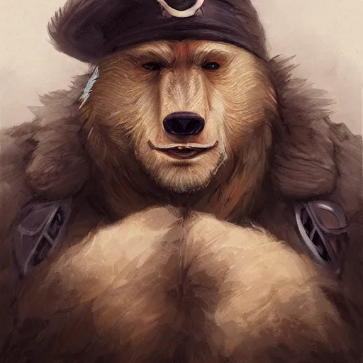 Image similar to dashing charming grinning charismatic bear beast-man rogue, wearing captain's tricorne hat, naval background, amazing, lifelike award winning pencil illustration trending on art station artgerm Greg rutkowski cinematic