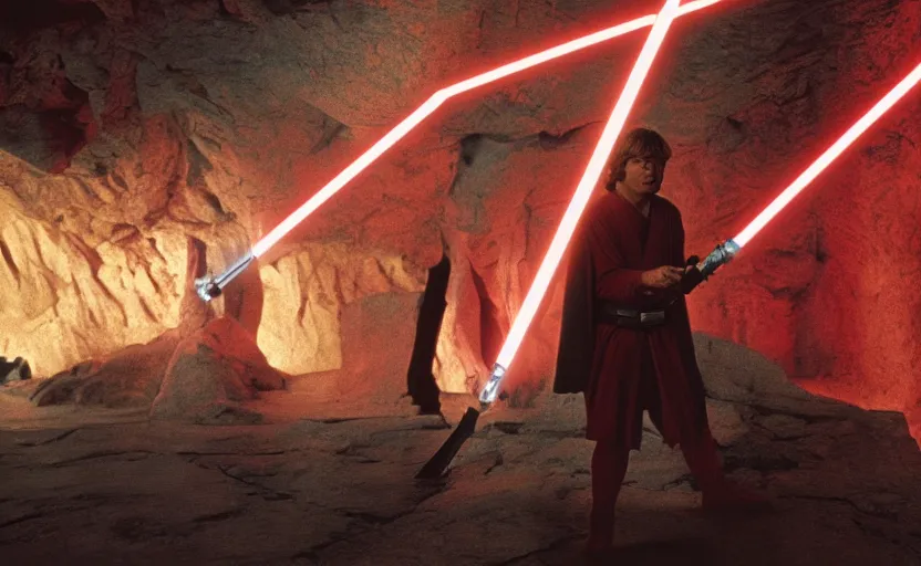 Image similar to screenshot of master Luke Skywalker in a kyber crystal cave, lightning refracting off the red gemstone crystal walls, iconic scene from the 1970s Star Wars film directed by Stanely Kubrick film, color kodak, ektochrome, anamorphic lenses, detailed faces, moody cinematography