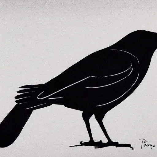 Image similar to crow, smooth clean block print, 4k, black ink on white paper