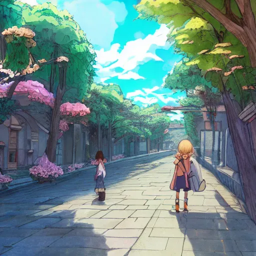 Image similar to Girl getting lost in the city of Armenia Quindio, Artwork by Studio Ghibli, official media, concept art, 8k, pixiv, high definition, wallpaper, hd, digital artwork