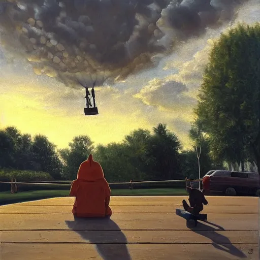 Prompt: eye - level view, shot from 5 0 feet distance, baby yoda plays on a seesaw at the city park. a balloon vender in the background. dramatic clouds, setting sun. golden hour, oil on canvas painting, detailed, depth, volume, chiaroscuro, quiet intensity, serene.