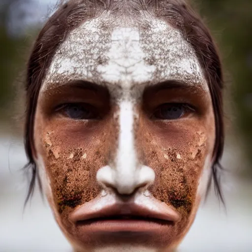 Image similar to minimalist photography portrait of an elaborately adorned neanderthal woman, face mud, symmetrical, super close up, mid thirties, freckles, cute round slanted eyes, sunburnt skin, wide nostrils, high cheekbones, high flat eyebrows, ethereal essence, angelic, leica 1 0 0 mm f 0. 8