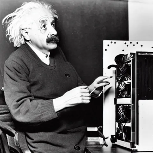 Image similar to albert einstein building a PC