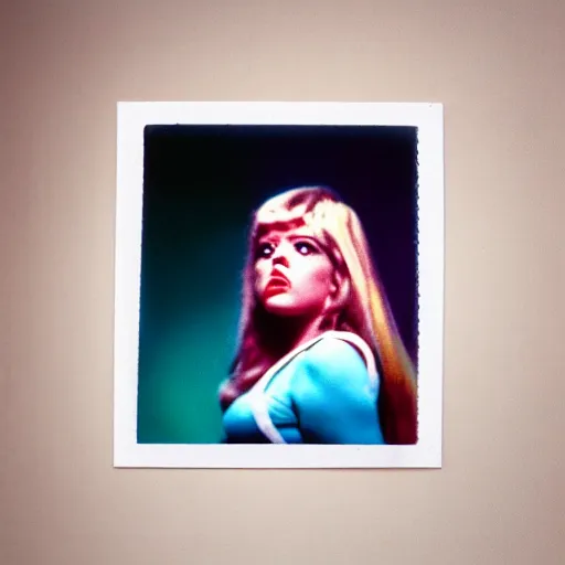 Prompt: a polaroid portrait of barbarella, vintage movie poster, bokeh, lit from behind, heavy film grain, color bleed