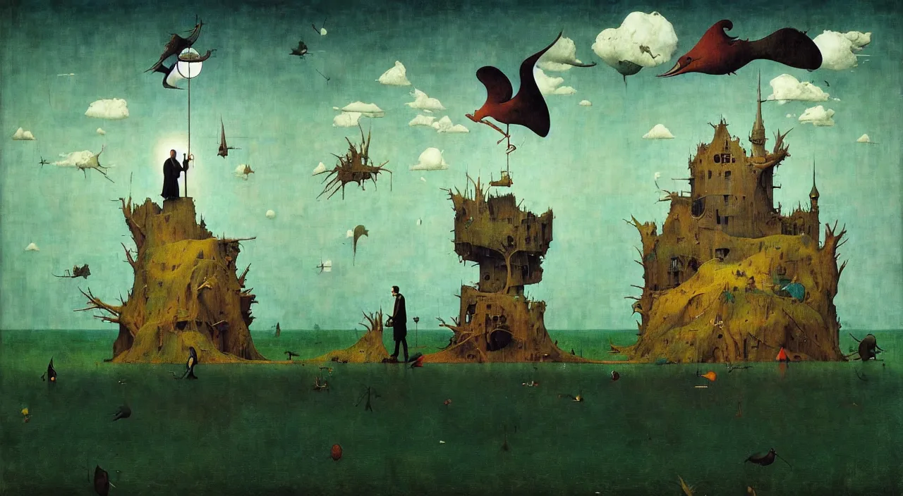 Image similar to single flooded simple!! giant bird, very coherent and colorful high contrast masterpiece by norman rockwell franz sedlacek hieronymus bosch dean ellis simon stalenhag rene magritte gediminas pranckevicius, dark shadows, sunny day, hard lighting