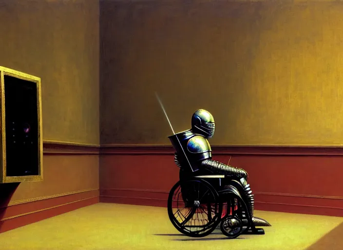 Prompt: knight in rich armor in a wheelchair do tricks & watch old tv, rome, highly detailed, soft lighting, elegant, by edward hopper and james gillard, zdislaw beksinski, stephen outram, andreas m wiese, carl spitzweg, highly detailed, masterpiece, unreal 6, 8 k