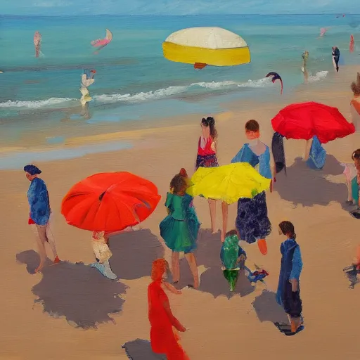 Image similar to a painting of people on a beach with umbrellas, birdseye view, a painting by Sally West, featured on tumblr, action painting, oil on canvas, painterly