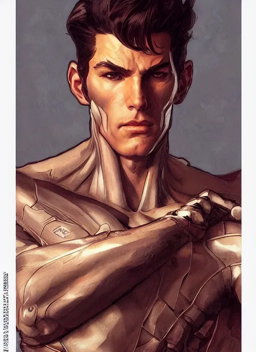 Prompt: a handsome man. he is wearing a dinosaur themed superhero costume. clean elegant painting, beautiful detailed face. by artgerm and greg rutkowski and alphonse mucha