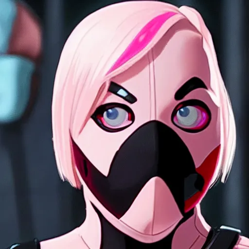 Image similar to A still of Gwenpool in Deadpool 3 (2023), no mask, blonde hair with pink highlights