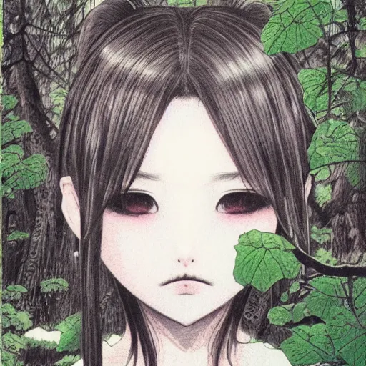 Image similar to detailed cute girl in a forest, style from asano inio, detailed face