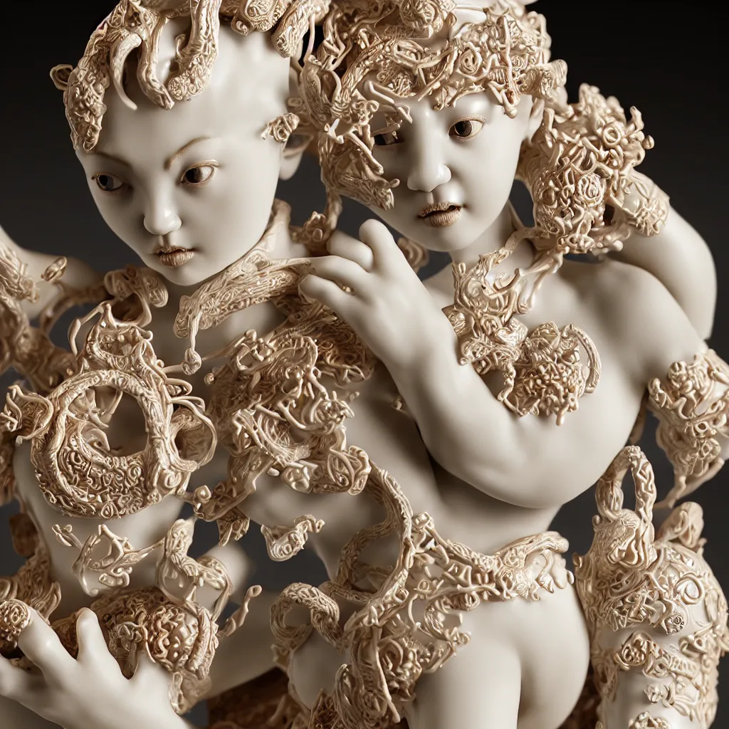 Prompt: a single close up photo - real delicate ceramic porcelain sculpture of an ornate abstract figures detailed in front of an intricate background by mondrian, micro detail, backlit lighting, face in focus, subsurface scattering, translucent, thin porcelain, octane renderer, colorful, physically based rendering, japanese pottery, trending on cgsociety