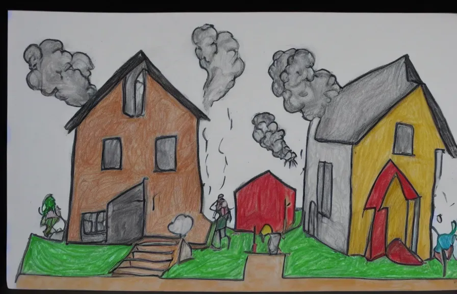 Image similar to house on fire, children drawing