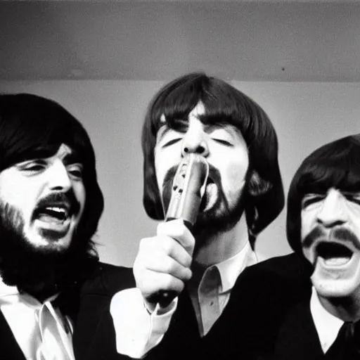 Image similar to charles manson singing with the beatles, black and white, portrait, high quality photography, realistic, detailed, uncropped, realistic face,