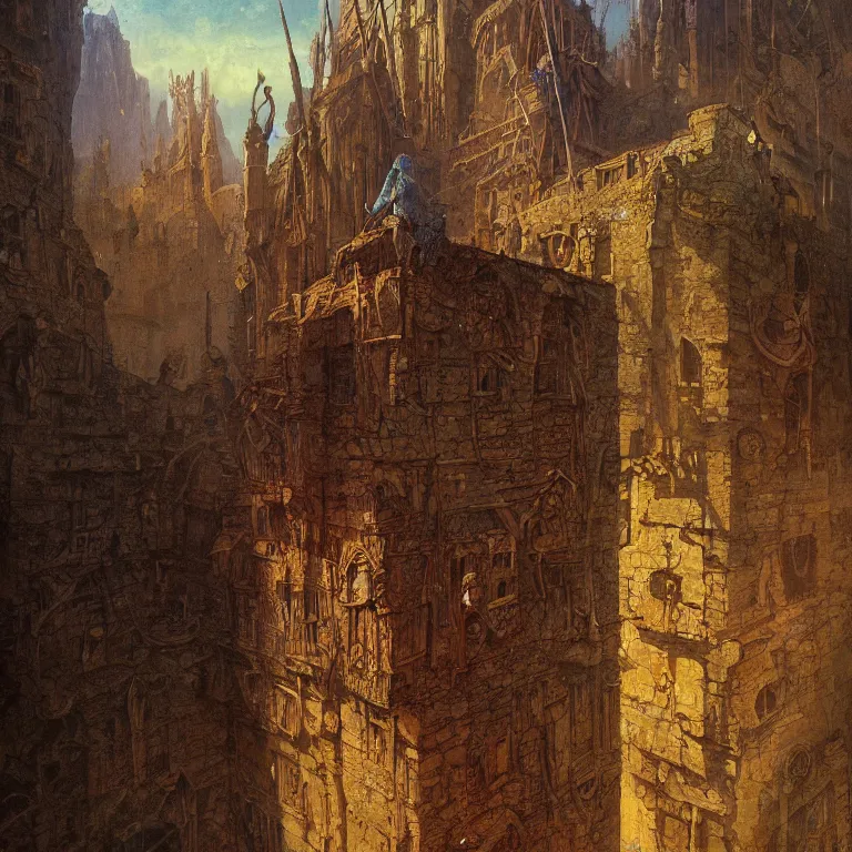 Image similar to a detailed painting inspired by moebius and beksinski of a medieval two floor building. fantasy poster. lord of the rings style. cinematic fantasy scene. fantasy. carl spitzweg. renaissance elements. renaissance element. oil painting. award winning. trending on artstation. 8 k